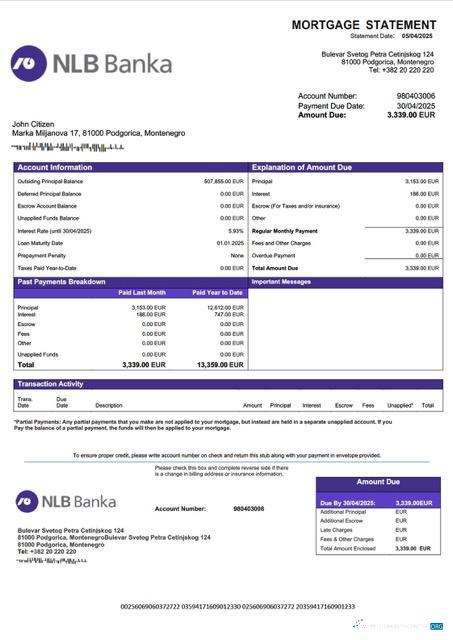 Download Montenegro NLB Banka Podgorica mortgage statement Word and PDF template Photoshop template